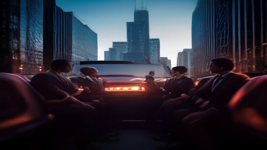 Wide street-level view at dusk - IQ Limousine chauffeur service, Chicago. Chicago Party Bus Alcohol Rules: What Drivers 