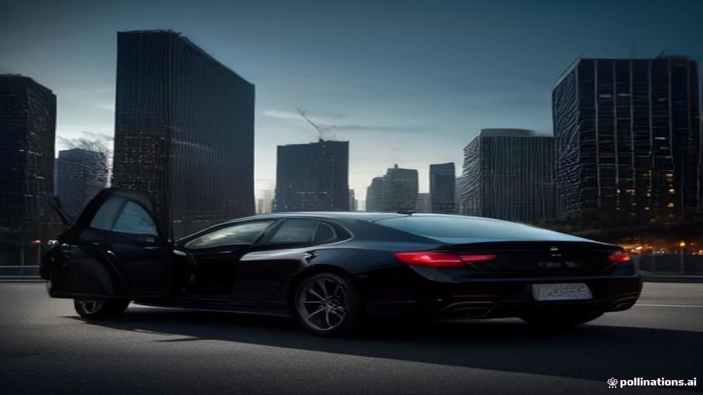 Downers Grove to Mccormick Place Car Service - wide street view of a black sedan with the Chicago skyline behind, IQ Limousin