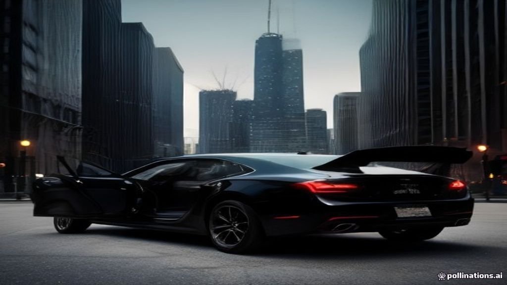 Limo Service Chicago - wide street view of a black sedan with the Chicago skyline behind, IQ Limousine