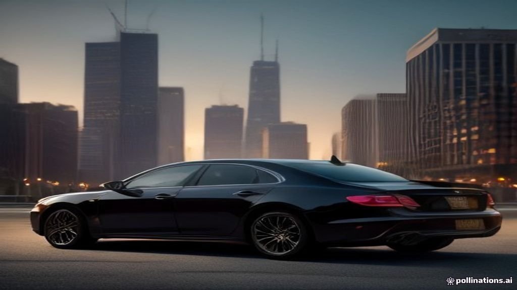 Oak Park to Wrigley Field Car Service - wide street view of a black sedan with the Chicago skyline behind, IQ Limousine